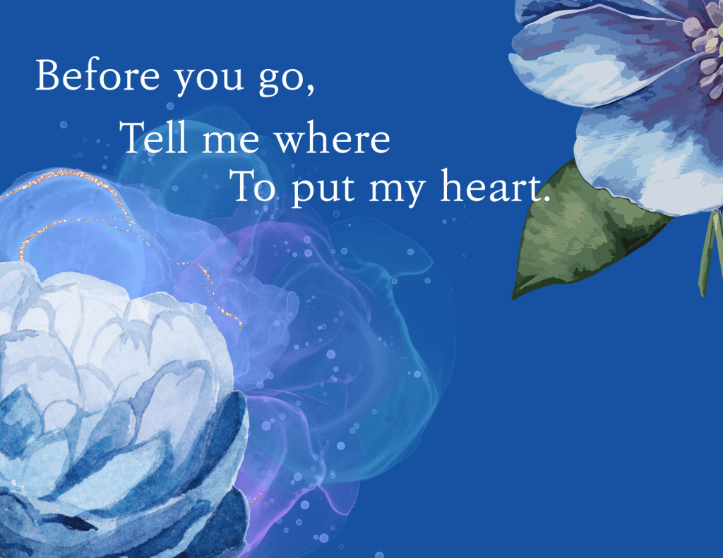  A dark blue background, with blue flowers and the words, "Before you go, tell me where, to put my heart."