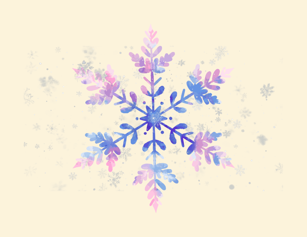 Snowflake with the colors blue, purple, cream, and pink.