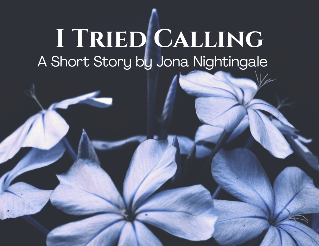A photo with dark undertones of blue with pale blue flowers from I tried Calling by Jona Nightingale