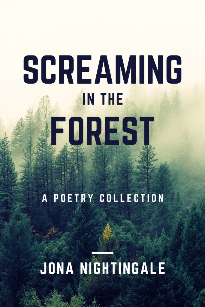 A backdrop of a foggy forest and vibrant green trees for the Poetry collection Screaming in the Forest by Jona Nightingale