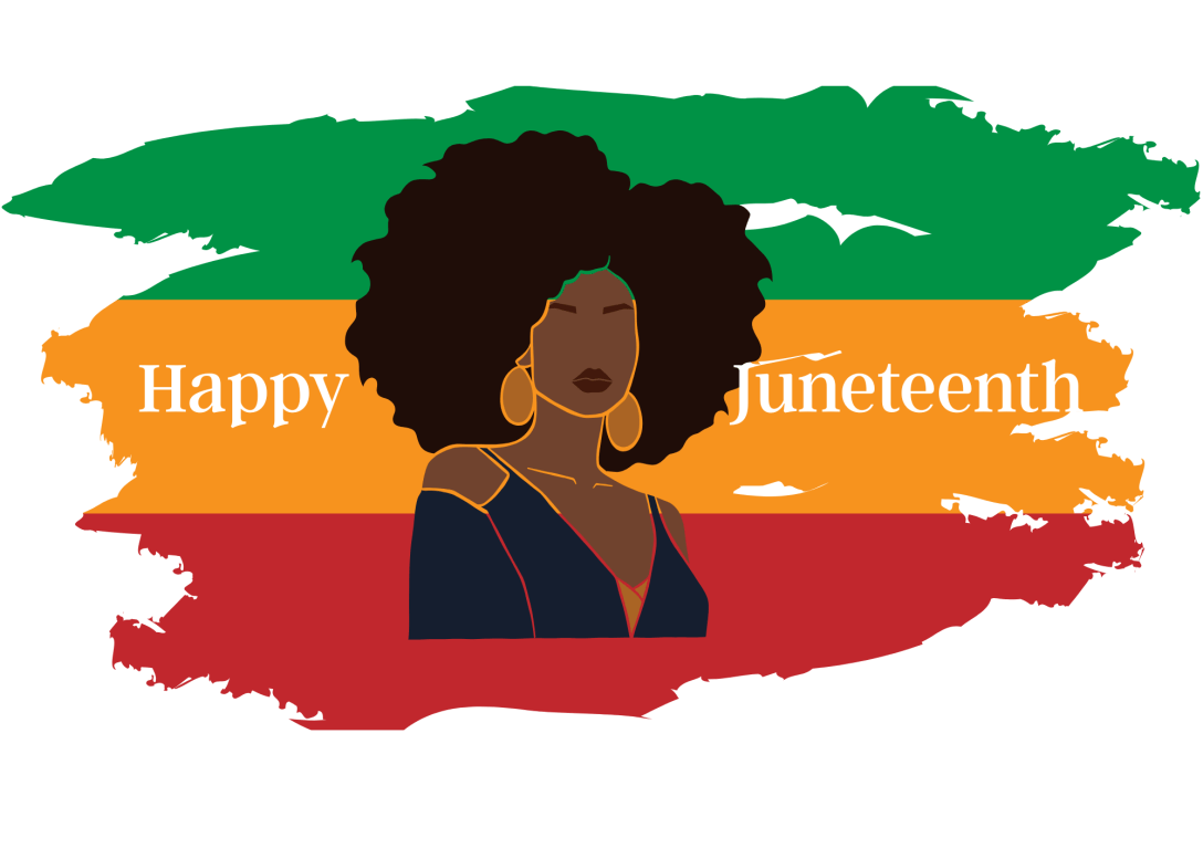 A rasta flag with colors of green, yellow, and red with a black woman with an afro in the middle