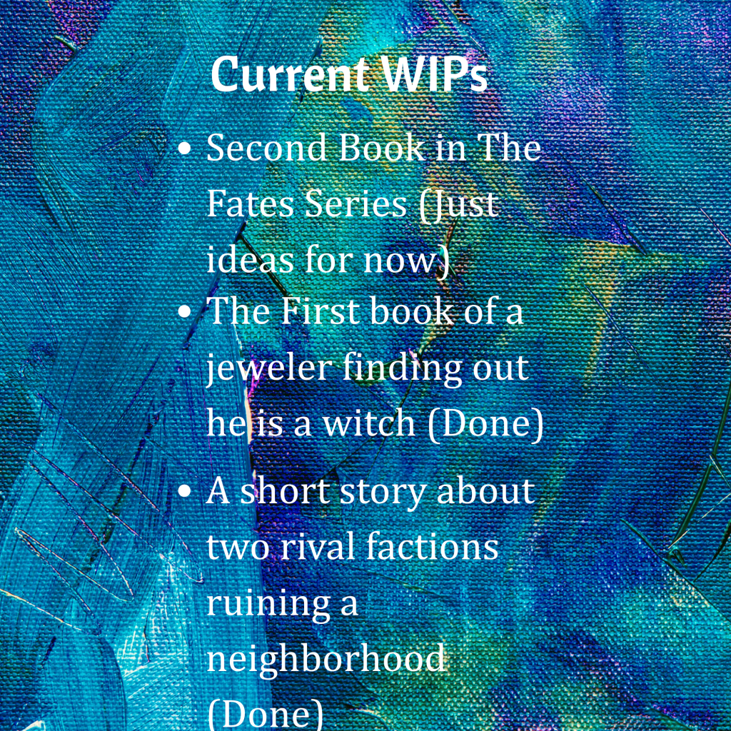 Abstract background of blue and green with a list of current works in progress.